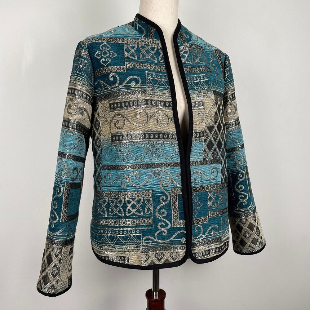 Vintage Serengeti Patchwork Tapestry Jacket Sz S Blue Metallic Shimmery Pockets